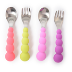 100% Silicone & Stainless Flatware (set of 2 spoons and 2 forks).  No bpa, no phthalates, or lead. Dishwasher safe. Feed your child with high quality: bpa free, lead free, melamine free.  Free of any biologically harmful chemicals.